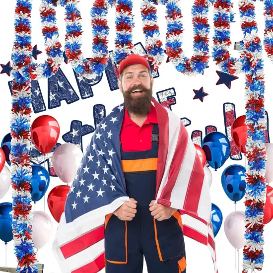 4th of July Patriotic Tinsel Garland Red White Blue Metallic Twist Foil Tinsel Garland Shiny Hanging Decorations for Independence Day Memorial Day Celebration Party Decorations {4}