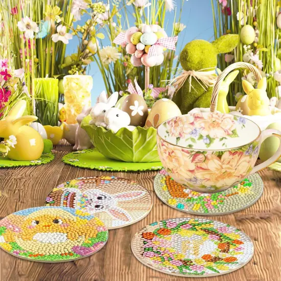 8 Pieces Easter Diamond Art Coasters,Bunnies Diamond Art Coaster for Adults Diamond Kits Supplies for Spring Easter Gift {4}