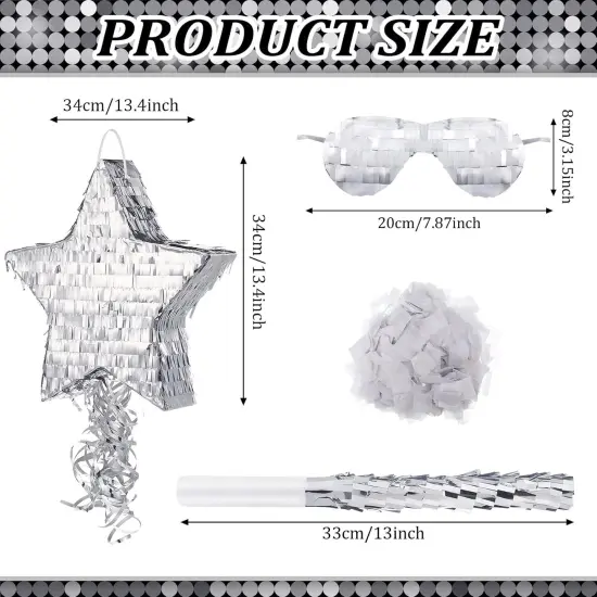 Disco Ball Small Pi&ntilde;ata with Stick Blindfold and Confetti, Silver Foil Pi&ntilde;atas for Birthday Party Kids Adults Retro Birthday Game Party Decorations Supplies(Star) {2}