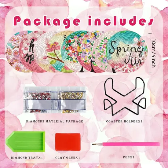 8 Pcs Spring Tree Diamond Art Coasters Kits with Holder DIY Spring Tree Diamond Art Coaster for Gifts Beginner Adults Kids Art Table Home Craft Gift Supplies {2}