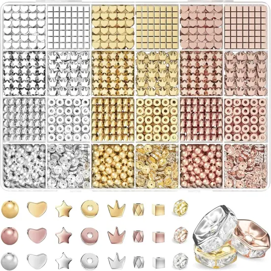 1740 Pieces Gold Beads for Friendship Bracelets Making Kit, 8 Shapes Organized Jewelry Making Supplies Spacer Beads Set with Rhinestones Crafts Gifts {1}