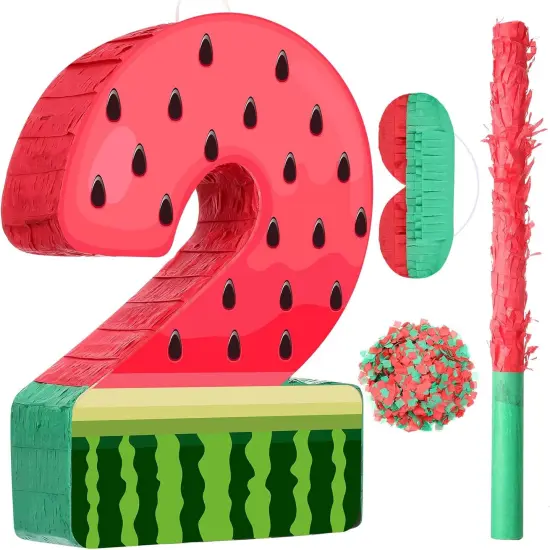 Watermelon Pi&ntilde;ata Fruit Number 2 Red Watermelon 2nd Birthday Pi&ntilde;ata with Bat Stick Blindfold Mask Confetti {1}