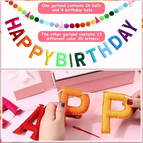 2 Pcs 118 Inch Pre-Strung Happy Birthday Banner Felt Reusable Rainbow Fabric Ball Garland Handmade Colorful Felt Letters Balls for Party Decor {4}