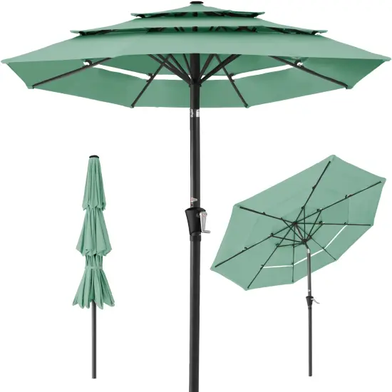 Best Choice Products 10ft 3-Tier Patio Umbrella, Market Sun Shade w/ Tilt Adjustment, Easy Crank Seaglass {1}