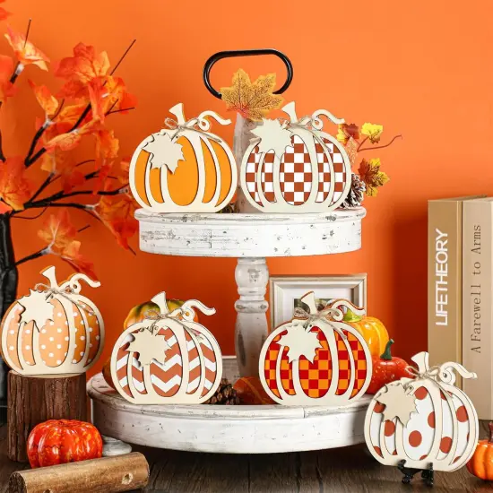 6 Pcs 3D Fall Wooden Pumpkin Tabletop Signs Decorations {3}