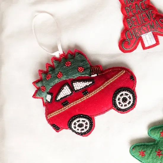 Santa's Car Hanging Ornament - Red & Green - 5" x 0.5" x 3" {1}