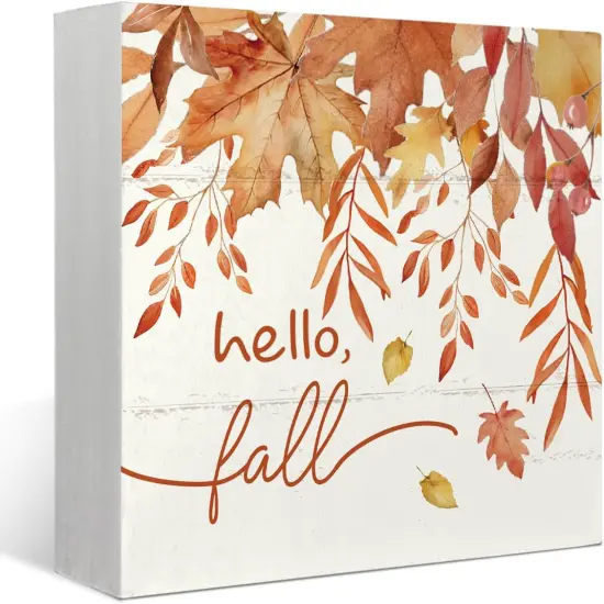 Fall Orange Maple Leaf Wooden Box Sign Tabletop Decor {1}