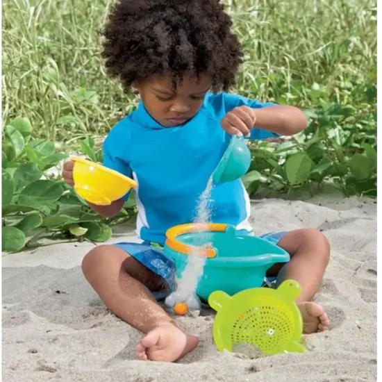 HABA Sand Bucket Scooter - 4 Piece Nesting Beach Toy Set, Toddler Beach Essentials with Sand Bucket, Sieve, Shovel, & Pail on Wheels for Toddlers 1-3 Multicolor {4}