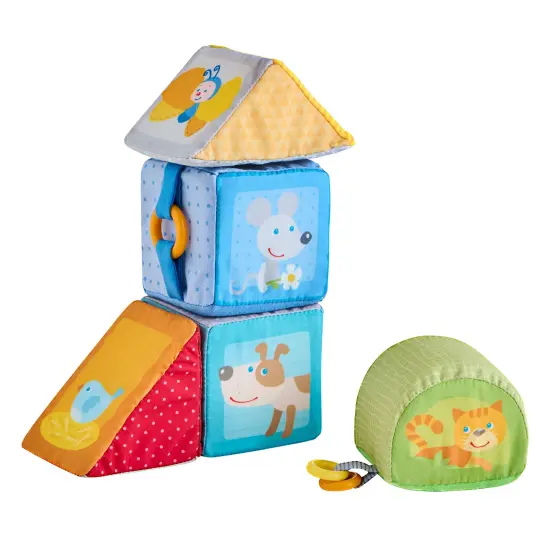 HABA Animal Soft Baby Blocks for 6-12 Months - 5 Geometric Shape Baby Sensory Toys with Rattle, Mirror, Squeaker & Crinkle Foil Multicolor {5}