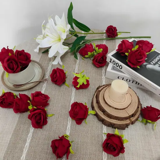 54 Pcs Fake Rose Dark Red Flower Heads for Bouquet {4}