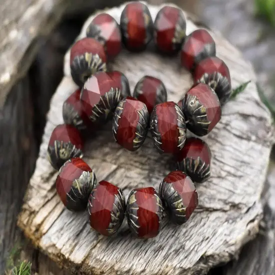 *10* 10mm Red Opaline Picasso Center Cut Cruller Beads {3}