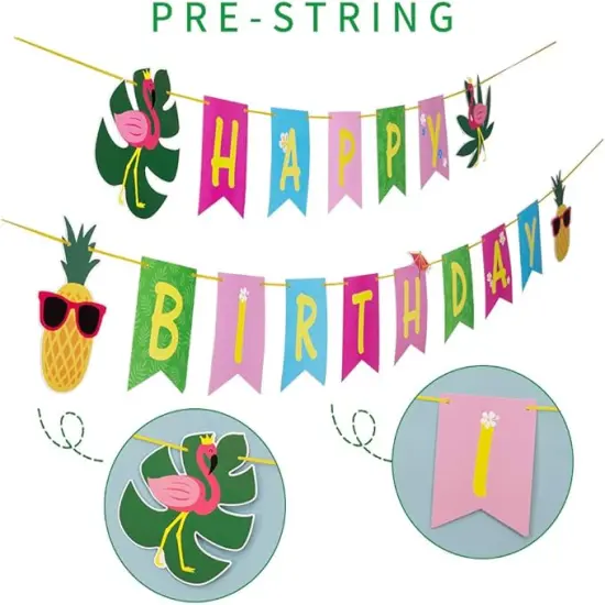 Tropical Happy Birthday Banner Colorful Hawaiian Luau Birthday Banner Flamingo Pineapple Palm Leaf Banner for Summer Birthday Party Decorations Supplies | Pre-Strung {4}