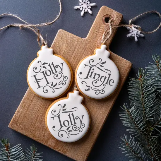 Holly, Jolly and Jingle Cookie Stencil Set | C978 by Designer Stencils | Cookie Decorating Tools | Baking Stencils for Royal Icing, Airbrush, Dusting Powder | Reusable Plastic Food Grade Stencil for Cookies | Easy to Use & Clean Cookie Stencil {2}