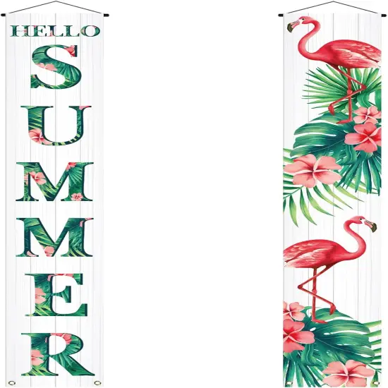 Hello Summer Porch Banner Flamingo Floral Summer Hawaii Themed Party Hanging Front Door Yard Indoor Outdoor Decoration {4}