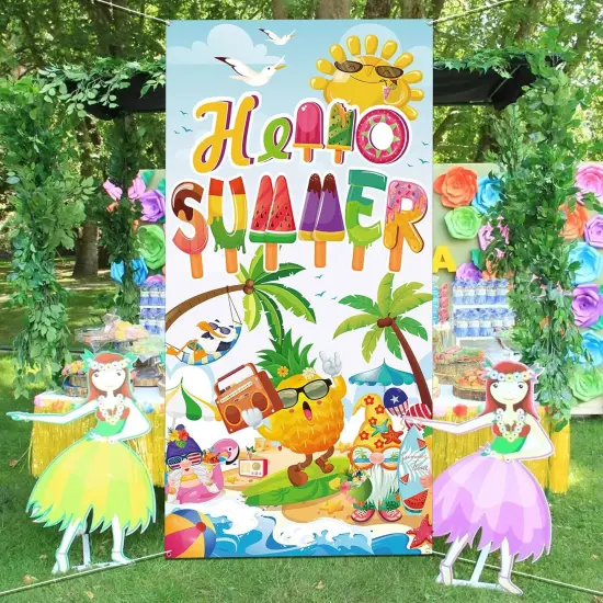 Hello Summer Door Cover Decorations 6x2.9 FT Tropical Beach Party Door Banner, Hawaiian Beach Summer Party Supplies Backdrop Banner for Tiki Beach Pool Birthday Party Indoor Outdoor {4}
