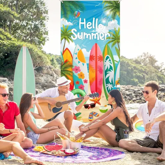 Hello Summer Beach Door Banner Decorations Surfboard Summer Door Banner Hello Summer Door Cover Banner Backdrop for Front Door Summer Surfing Beach Pool Birthday Holiday Party Supplies Indoor Outdoor {4}