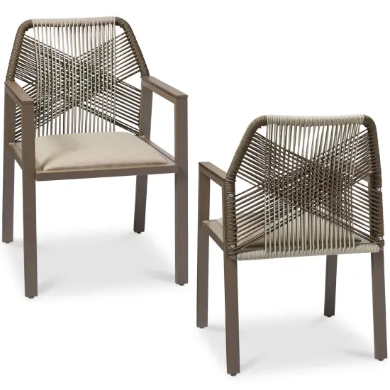 Best Choice Products Set of 2 Indoor/Outdoor Aluminum Woven Rope Dining Chairs w/ Armrests Taupe/Sandstorm {1}