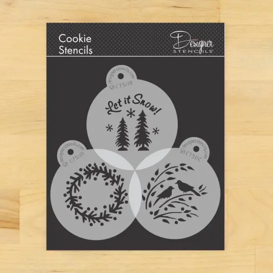 Let it Snow Cookie Stencil Set: Wreath, Trees, Winter Lovebirds | C750 by Designer Stencils | Cookie Decorating Tools | Baking Stencils for Royal Icing, Airbrush, Dusting Powder | Reusable Food Grade Stencil for Cookies | Easy to Use & Clean Stencil {1}