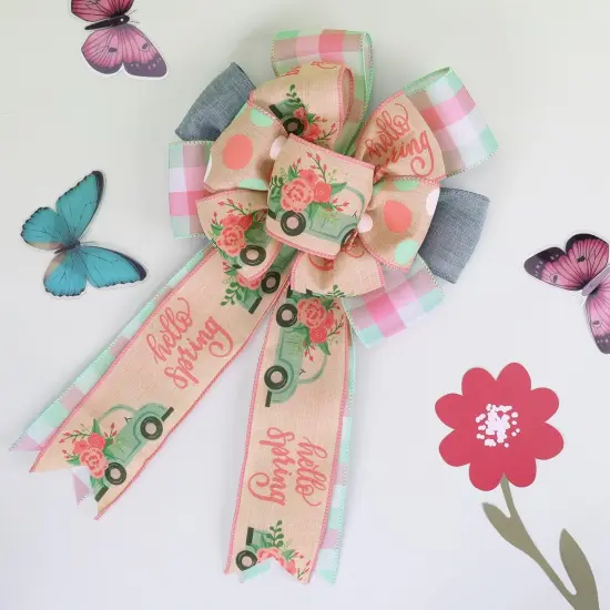 Spring Ribbon Wired 4 Rolls 2.5 Inch x 24 Yards TTL, Blue Car and Floral Ribbon with Plaid and Polka Dot Printed {3}