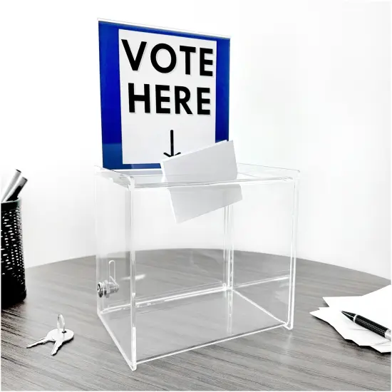 Plymor Clear Acrylic Locking Ballot / Collection Box + Sign Holder, 6.25" W x 4.5" D x 6" H (Holds 5.75" x 5" Sign) {3}