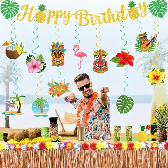 Hawaiian Happy Birthday Banner,Luau Birthday Party Decorations Aloha Summer Beach Themed Glittery Flower Garland Tiki Flamingo Pineapple Palm Leaves Tropical Party Decorations for Birthday Decor {4}