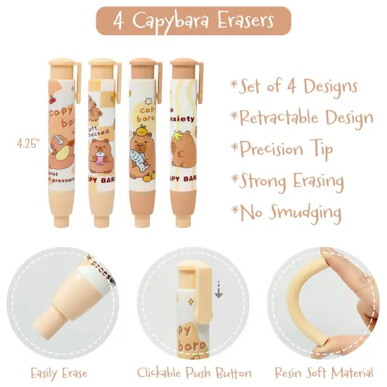 Wrapables Retractable Capybara Erasers, Clickable Push Button, Stationery Office Supplies (Set of 4) {2}