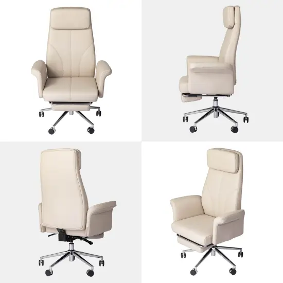 Modern Deluxe Faux Leather Gaslift Adjustable Swivel High Back Office Chair with Footrest and Armrest Ivory {6}