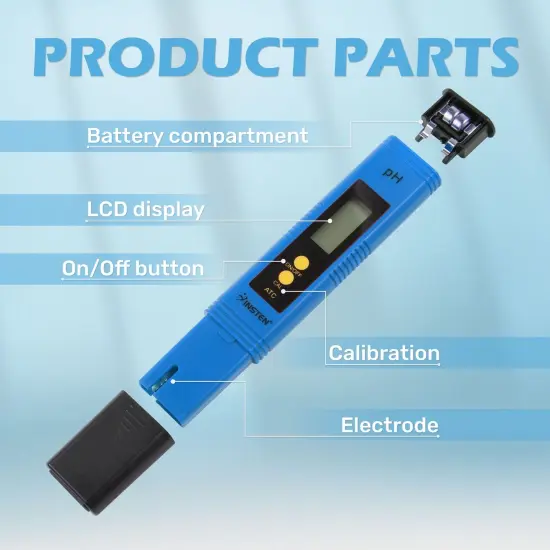 Insten - Digital pH Meter Tester Pen for Water Hydroponics, High Accuracy, Pocket Size, 0-14 pH Measurement Range, Blue {4}