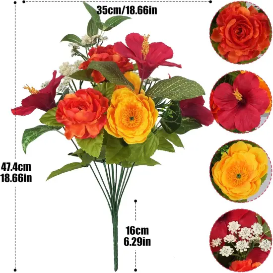 2pcs Silk Flowers with Stems- Artificial Hibiscus Mixed Fake Red Rose and Babys Breath; 24 Branches Faux Floral Sympathy Flowers for Cemetery Grave; Spring Decor for Wedding Home Centerpiece Vase {3}