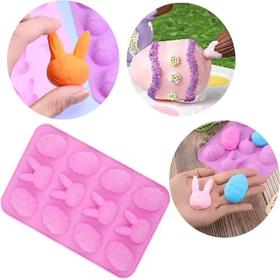 2 Pack Bunny & Egg Silicone Molds Easter Day Cake Pan Silicone Molds for Baking Cupcake Muffin Making Chocolate Candy Ice Cube Jello Jelly Soap Wax Crayon Melt（Pink and Purple） {3}