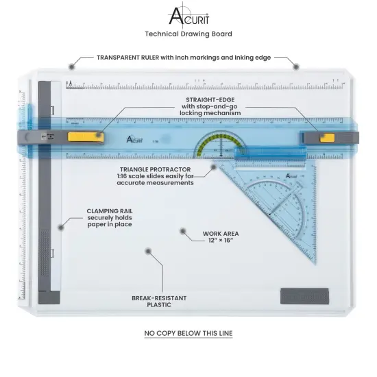 Acurit Technical Drawing Board - Portable Drafting Table with Multi-Tool Kit, Break-Resistant Plastic, Straight-Edge Lock Mechanism, Transparent Ruler, Protractor, Clamping Rail - 14.5"x19.75" {4}