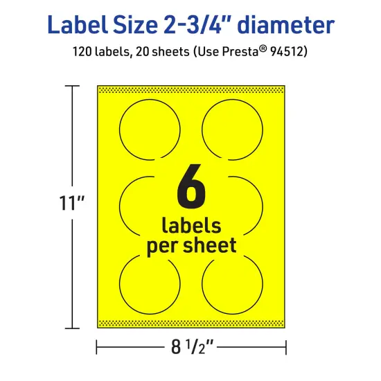 Avery Neon Yellow Paper Labels, 2.75" Diameter Round {5}