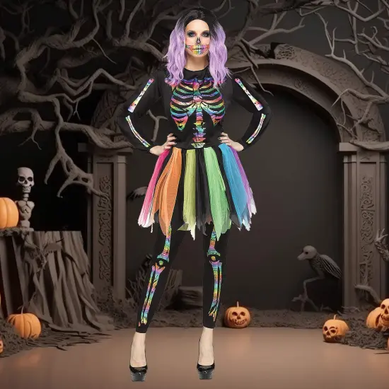 Skeleton Rainbow Foil Costume, Halloween Colorful Skeleton Jumpsuit Party Dress Up Outfit {1}