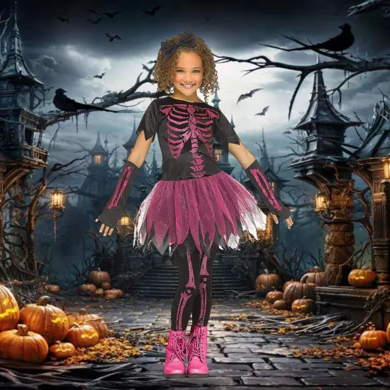 Skele Girl Pink Child Costume Skeleton Print Tutu Skirt Gloves {4}