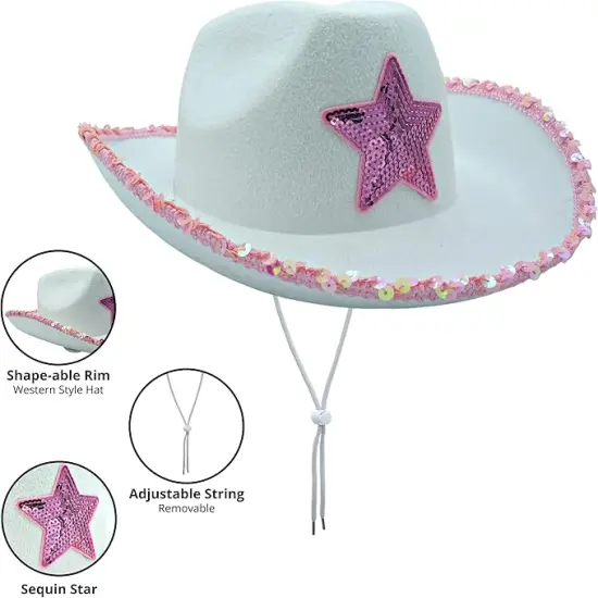 4E's Novelty White Cowgirl Hat with Pink Star, Brim Sequins and Light Pink Heart Sunglasses - Sparkly Cowgirl Hat Perfect Cowgirl Costume for Girls {2}