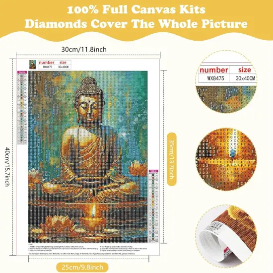 Buddha Diamond Painting Kits for Adults, 5D Buddhism Inspirational Full Drill Diamond Art Kits, Lotus DIY Round Full Drill Gem Art and Crafts for Home Wall Decor 12x16inch {2}