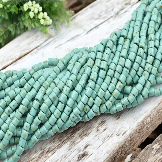 6/0 Aged Green Turquoise Picasso Tube Beads (20" Strand) {4}