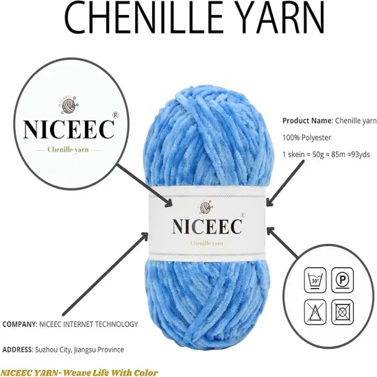 3346.46 Inches - 3 Skeins Soft Chenille Yarn(Blue) {4}