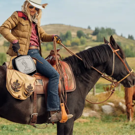 Lodge Yellowstone Square Grill Pan, Cast Iron 10.5 inch Pre-Seasoned Skillet with Grill Ribs and Assist Handle, Cowboy on Horseback Design {4}