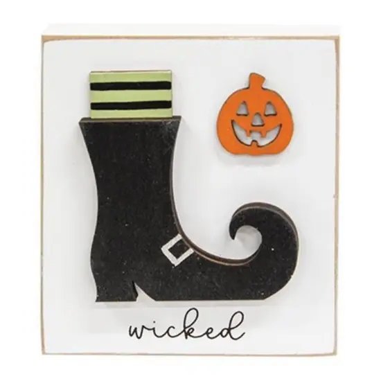 Halloween Witch Boot Sign Block with Pumpkin for Shelf or Table Decor {1}