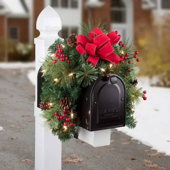Haute Decor Classic 30-inch Pre-lit Christmas Mailbox Swag with Red Bow, 20 LED Soft White Lights, Outdoor Lighted Mailbox Holiday Decoration {2}