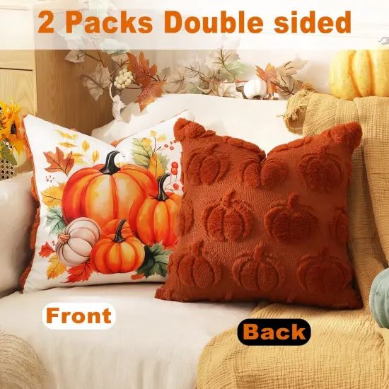2 Packs Double Sided Throw Fall Pillow Covers - 18x18 (Pumpkins) {3}
