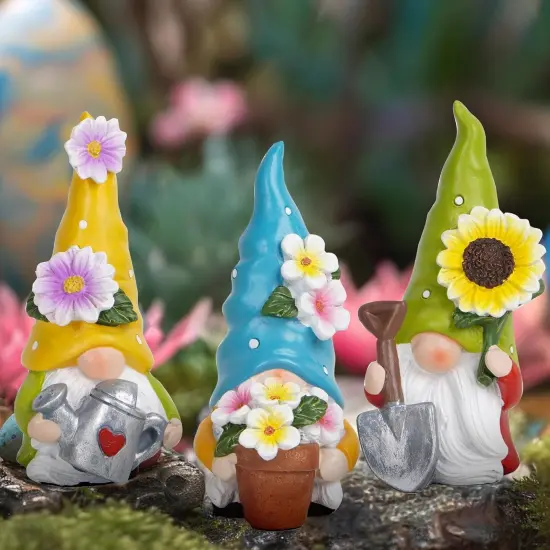 3 Pcs 3.5''H Spring Gnomes Garden Pointed Hat Flowers Gnome Decorations Handmade Tomte Elf Summer Resin Gnomes Figurines Spring Decorations for Home Table Decor Gifts {4}