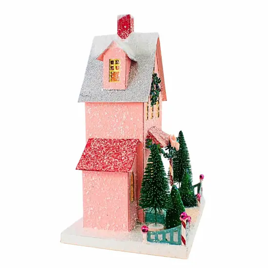 Cody Foster 14.5 Inch Merry Christmas House Christmas Putz House , Christmas Decor Retro Vintage Putz Look Holiday Pink {2}