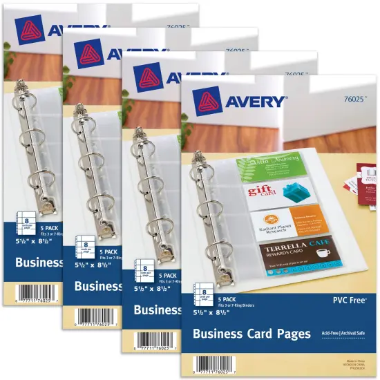 Avery Clear Business Card Organizer Pages for 5.5" x 8.5" Mini Binders, Pack of 5 Holds 40 Cards, 4 Packs, 20 Pages Total (76025) {1}