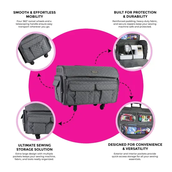 Everything Mary XXL 4 Wheel Collapsible Rolling Sewing Machine Storage Case, Heather Grey {6}
