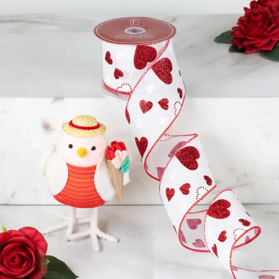 Northlight Glitter Hearts Valentine's Day Wired Craft Ribbon- 2.5" x 10 Yards - White and Red {1}