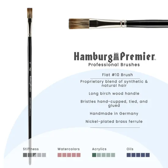 Creative Mark Hamburg Premiere Professional Oil Painting Brushes - Flat #10 Oil Paint Brush - Handmade in Germany, Natural & Synthetic Hair Blend, Long Triple-Lacquered Birch Handle {3}