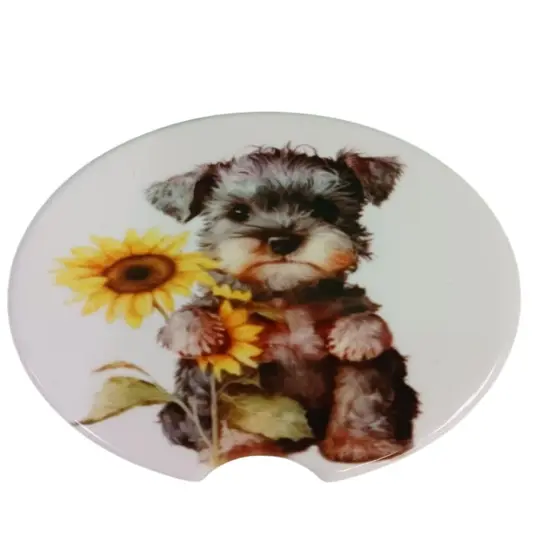 Adorable Miniature Schnauzer with Sunflower Ceramic Car Coaster Set 2.56" (2 Pack) {1}