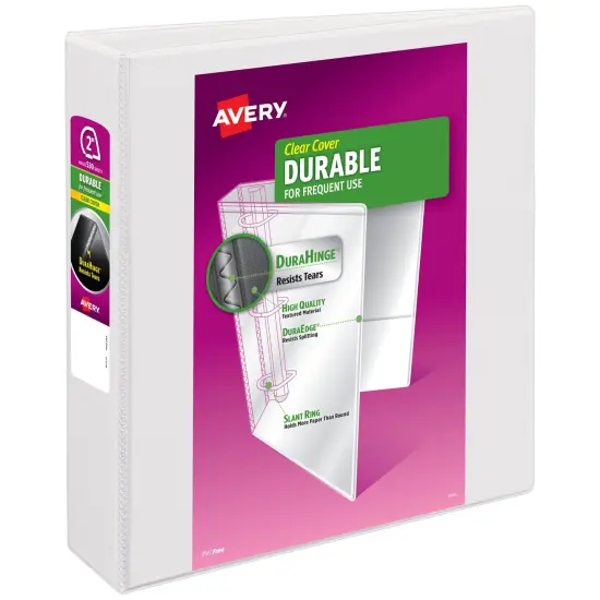 Avery Durable View 3 Ring Binder, 2 Inch Slant Rings, 530-Sheet Capacity, DuraHinge, 2.8 Inch Wide Spine, Customizable Clear Cover and Spine, 1 White Binder (17032) {1}